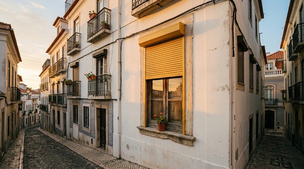 Estore amarelo semiaberto numa rua de Lisboa