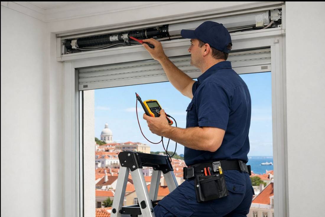 Técnico a reparar um estore elétrico ao domicílio