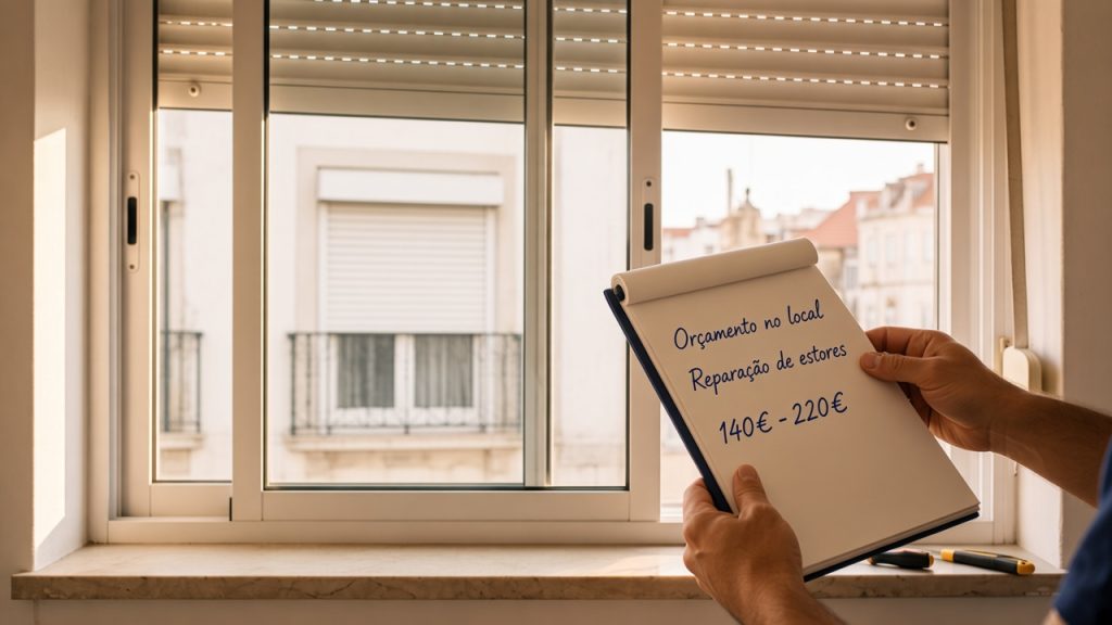 Técnico com notas de orçamento junto a estore exterior; preço fechado no local